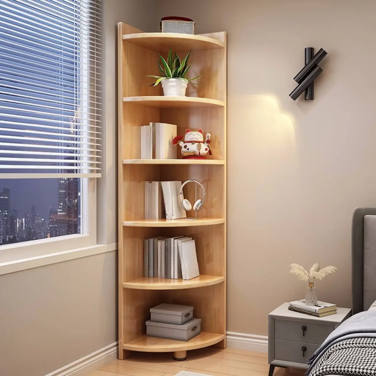 Contemporary Grey 6-Tier Wood Corner Bookcase  Image - 2 | homeyfad