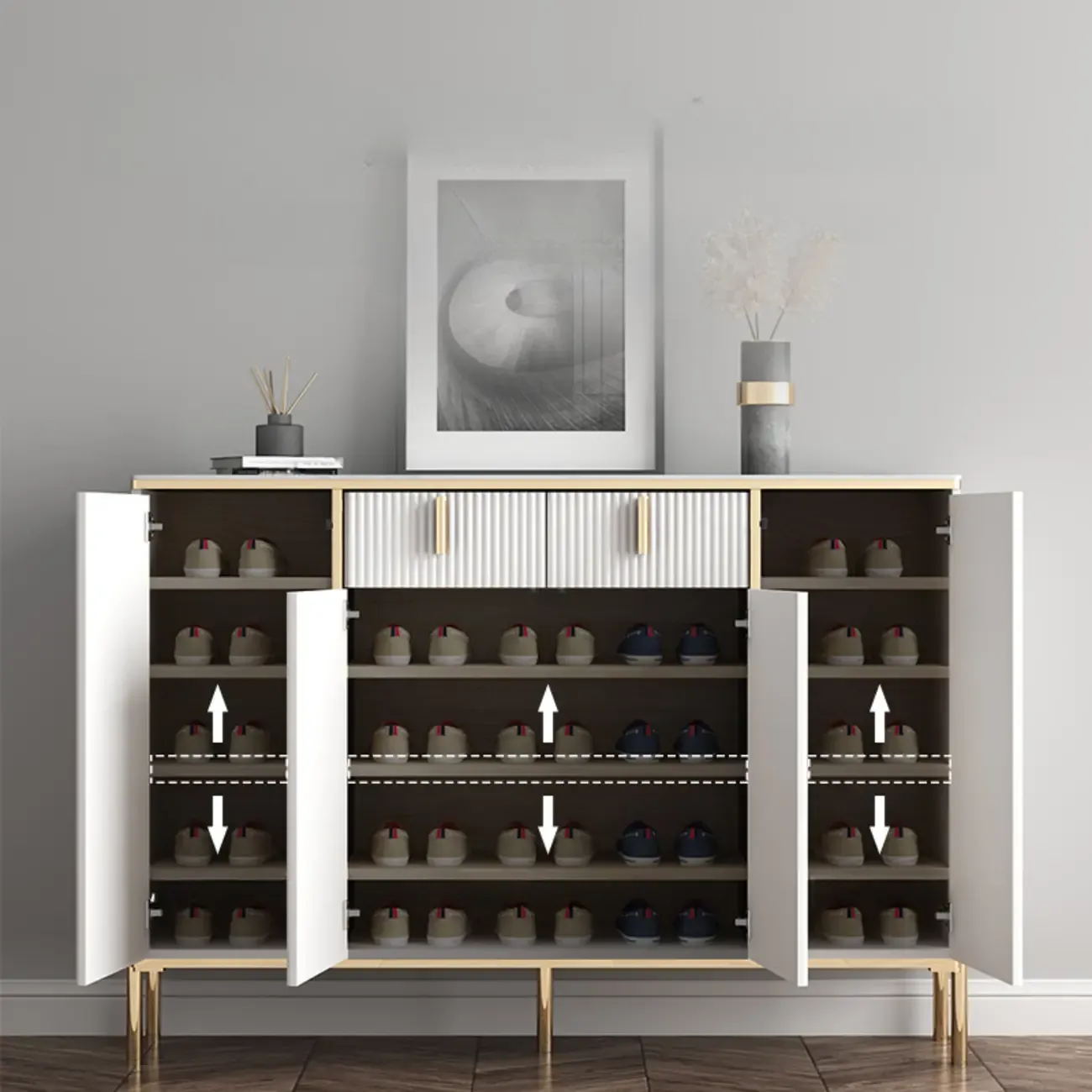 Glam Light Coffee Wood Entryway Shoe Cabinet Image - 2