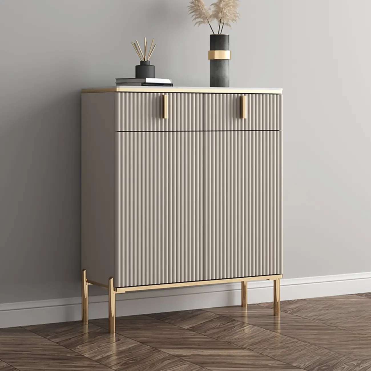 Glam Light Coffee Wood Entryway Shoe Cabinet Image - 3