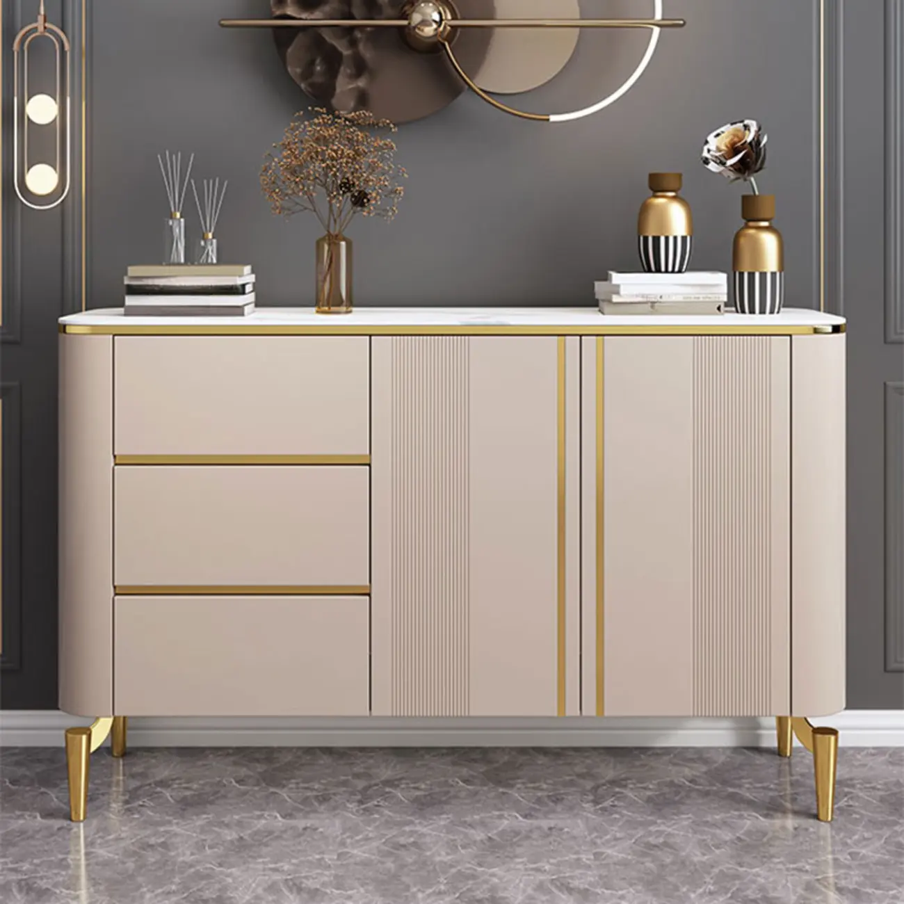 Glam Large Stone Top Handle Free Gold Metal Storage Cabinet Image - 1 | homeyfad