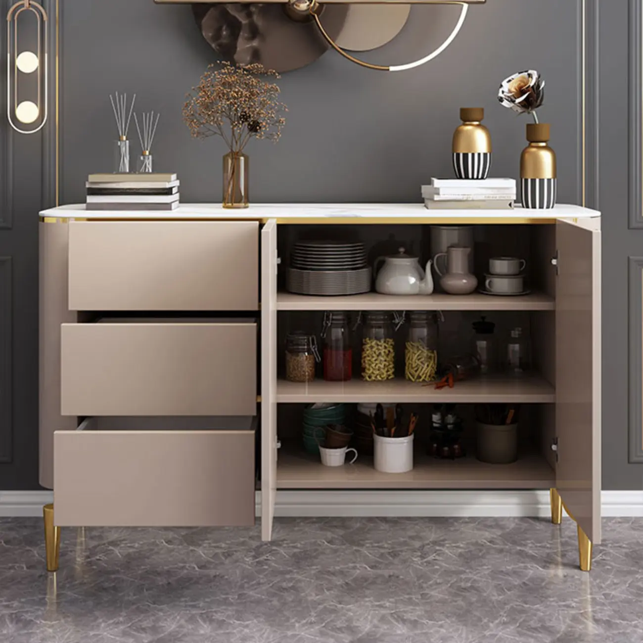 Glam Large Stone Top Handle Free Gold Metal Storage Cabinet Image - 2 | homeyfad