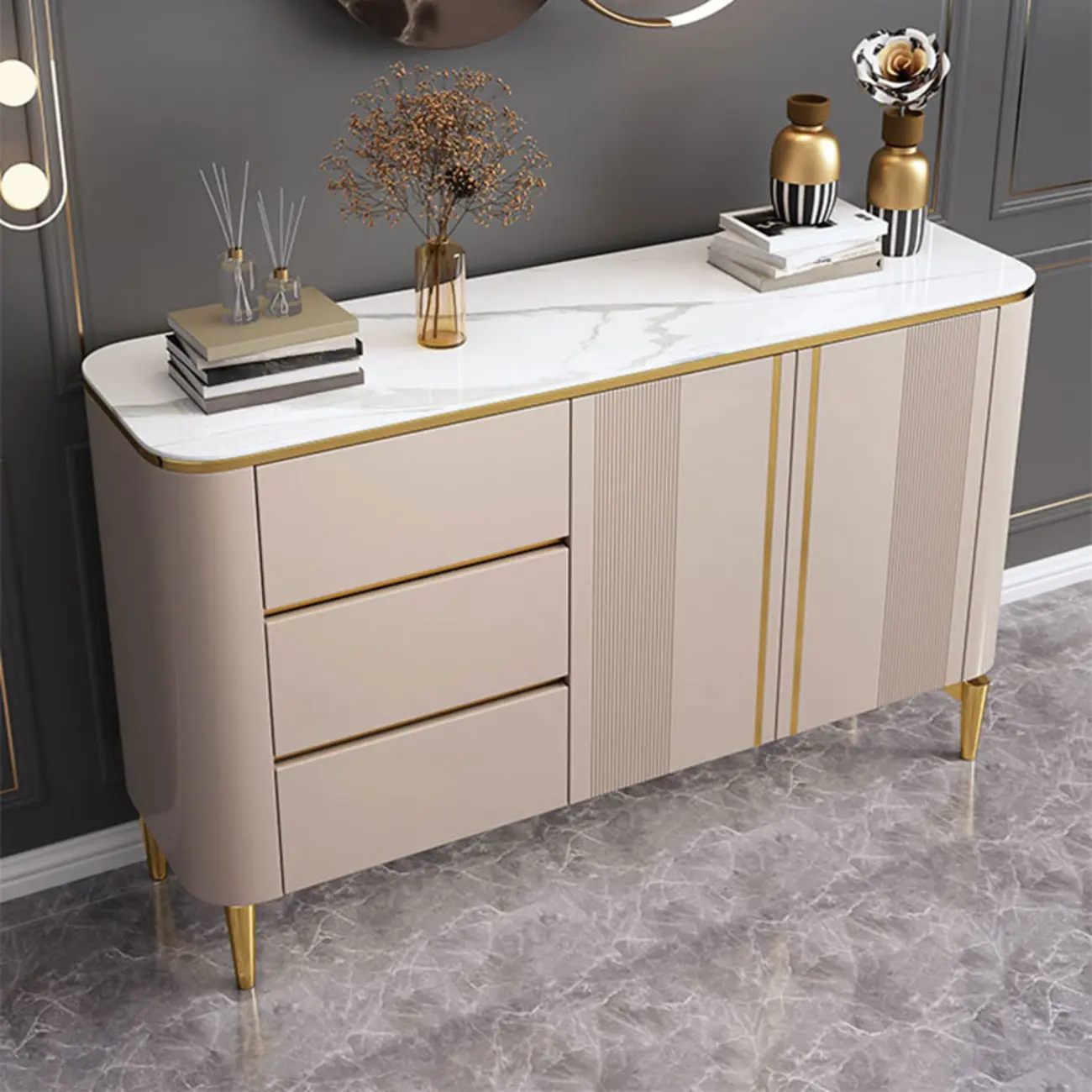 Glam Large Stone Top Handle Free Gold Metal Storage Cabinet Image - 3 | homeyfad