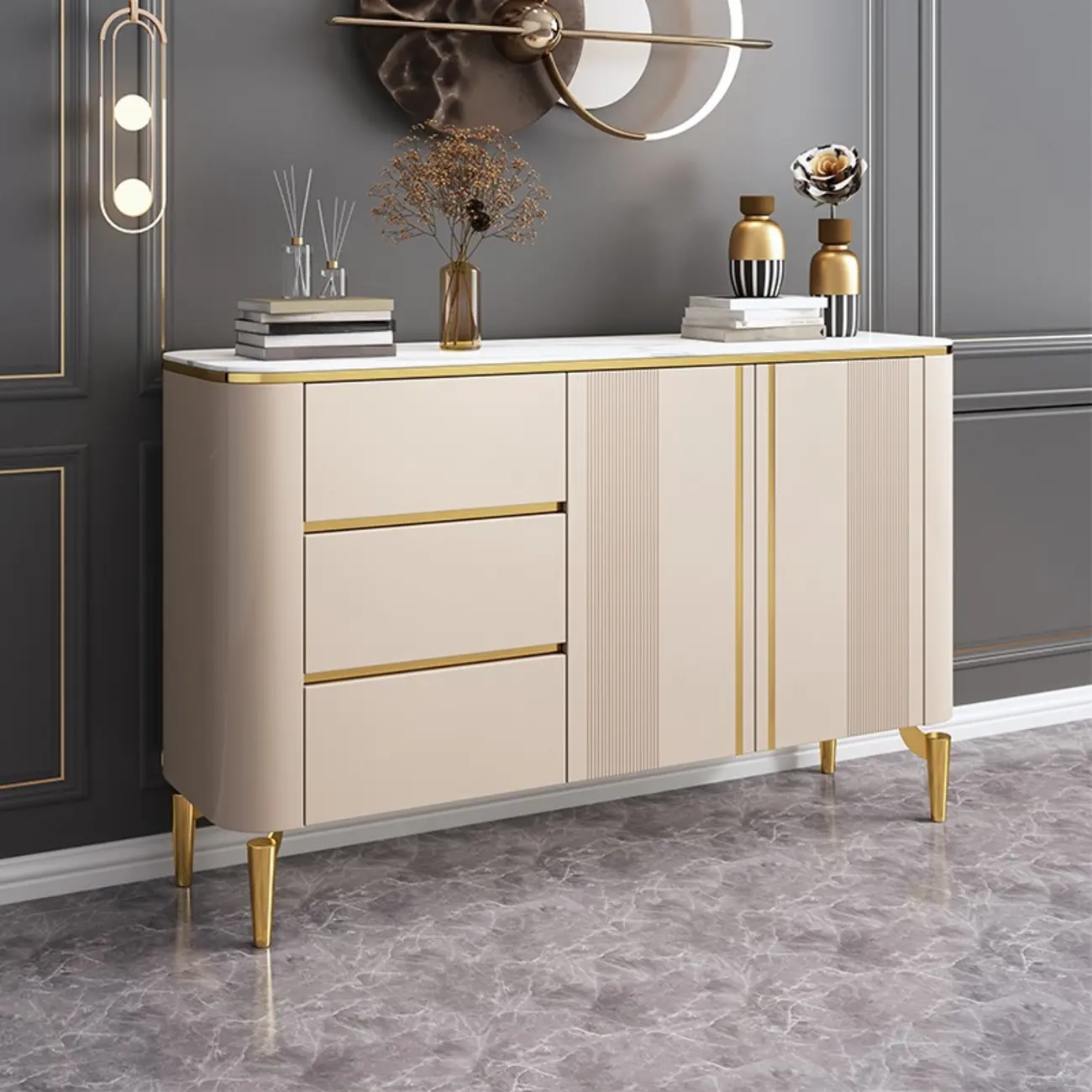 Glam Large Stone Top Handle Free Gold Metal Storage Cabinet Image - 4 | homeyfad