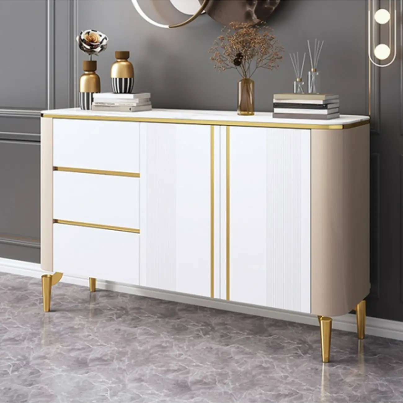 Glam Large Stone Top Handle Free Gold Metal Storage Cabinet Image - 6 | homeyfad