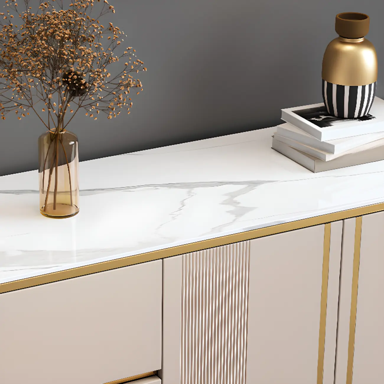 Glam Large Stone Top Handle Free Gold Metal Storage Cabinet Image - 8 | homeyfad