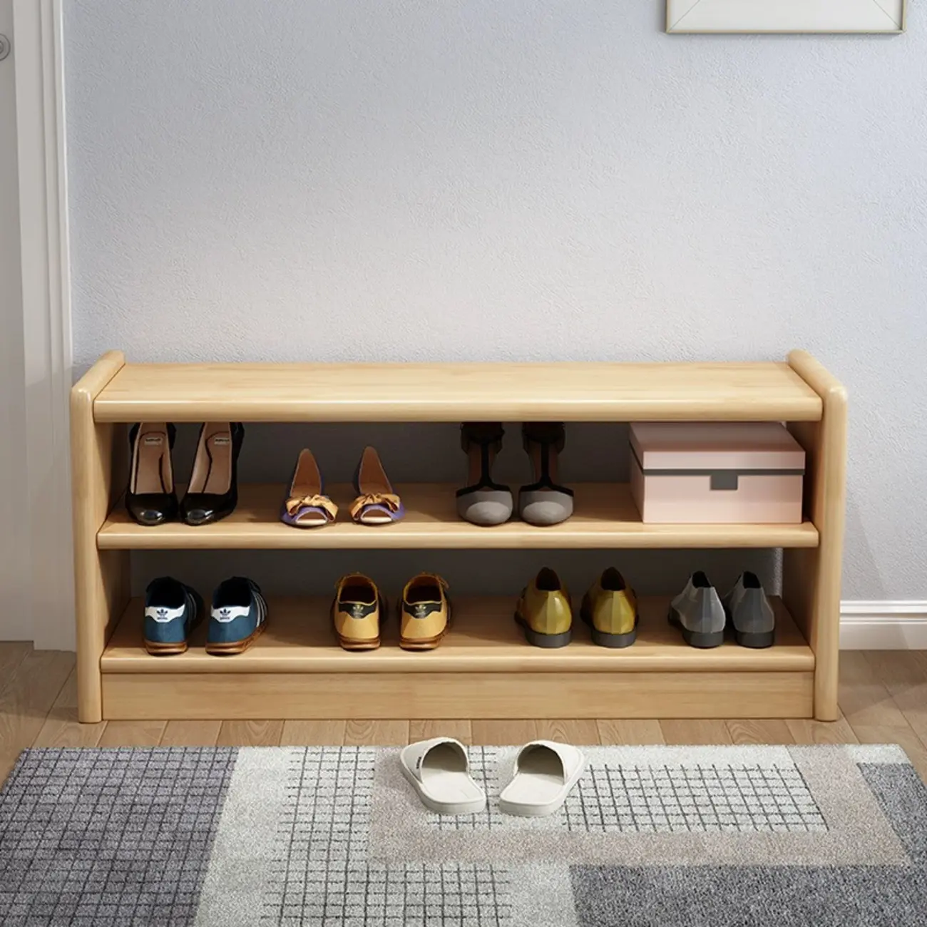 Scandinavian 2-Tier Upholstered Wood Shoe Rack Bench Image - 4 | homeyfad