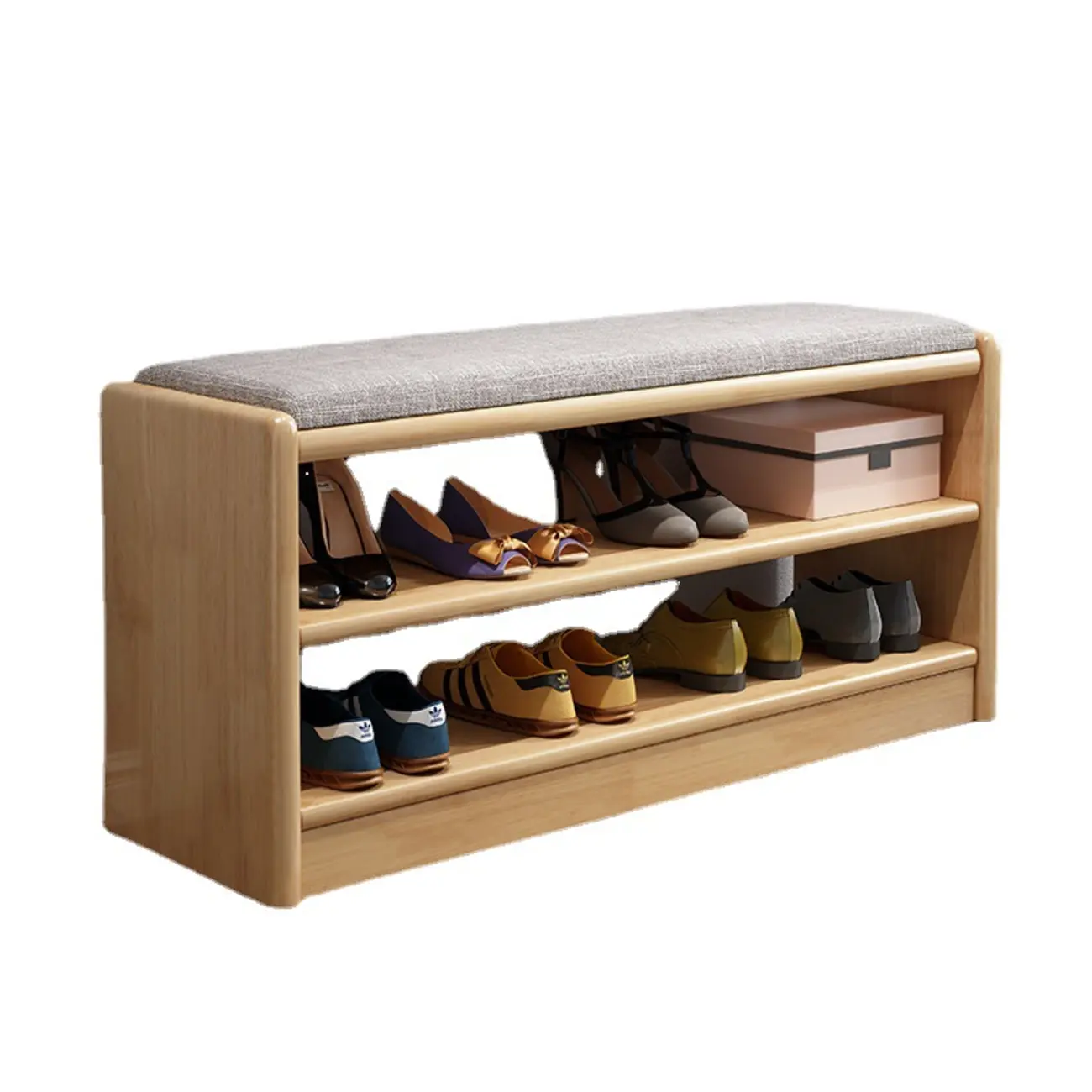 Scandinavian 2-Tier Upholstered Wood Shoe Rack Bench Image - 3 | homeyfad