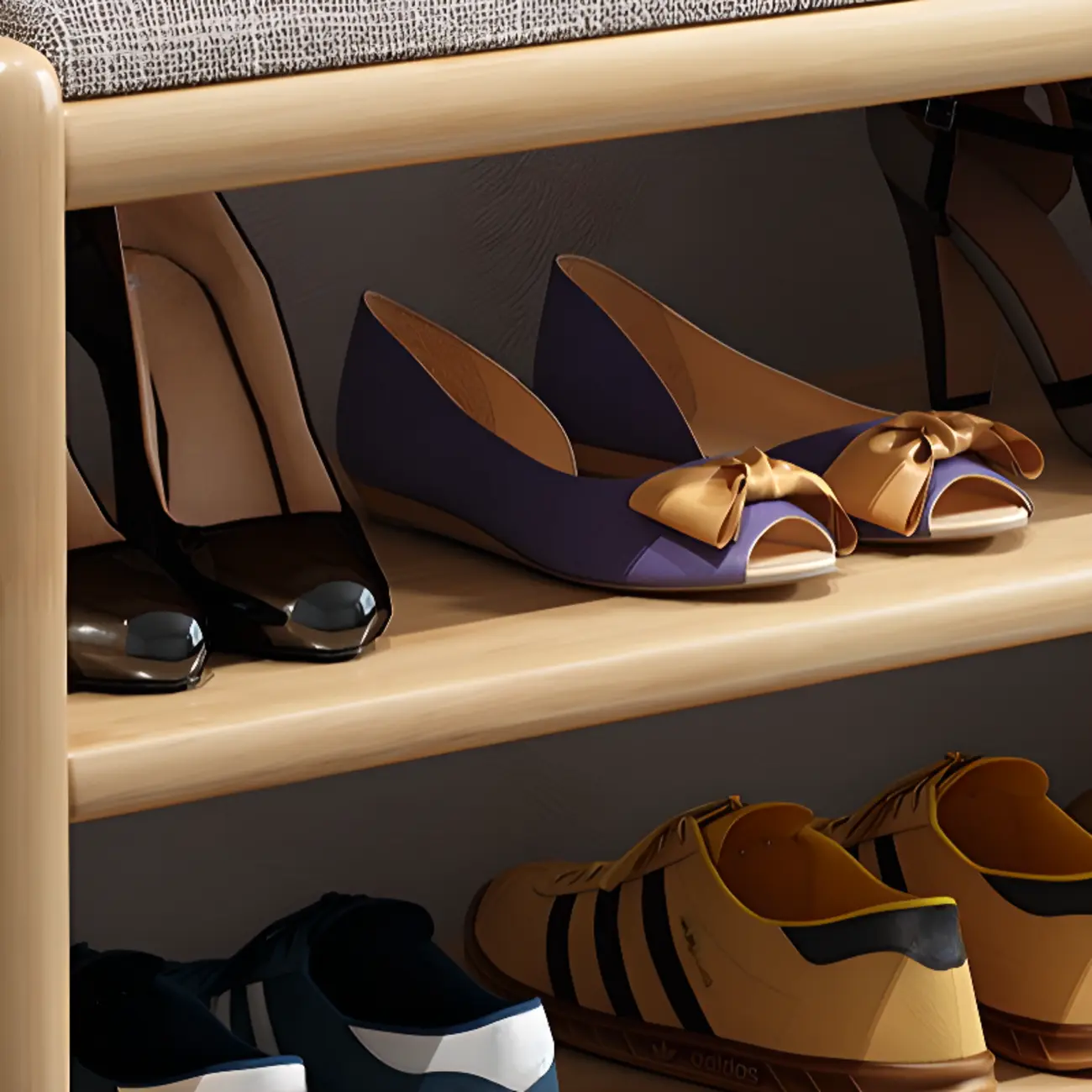 Scandinavian 2-Tier Upholstered Wood Shoe Rack Bench Image - 6 | homeyfad