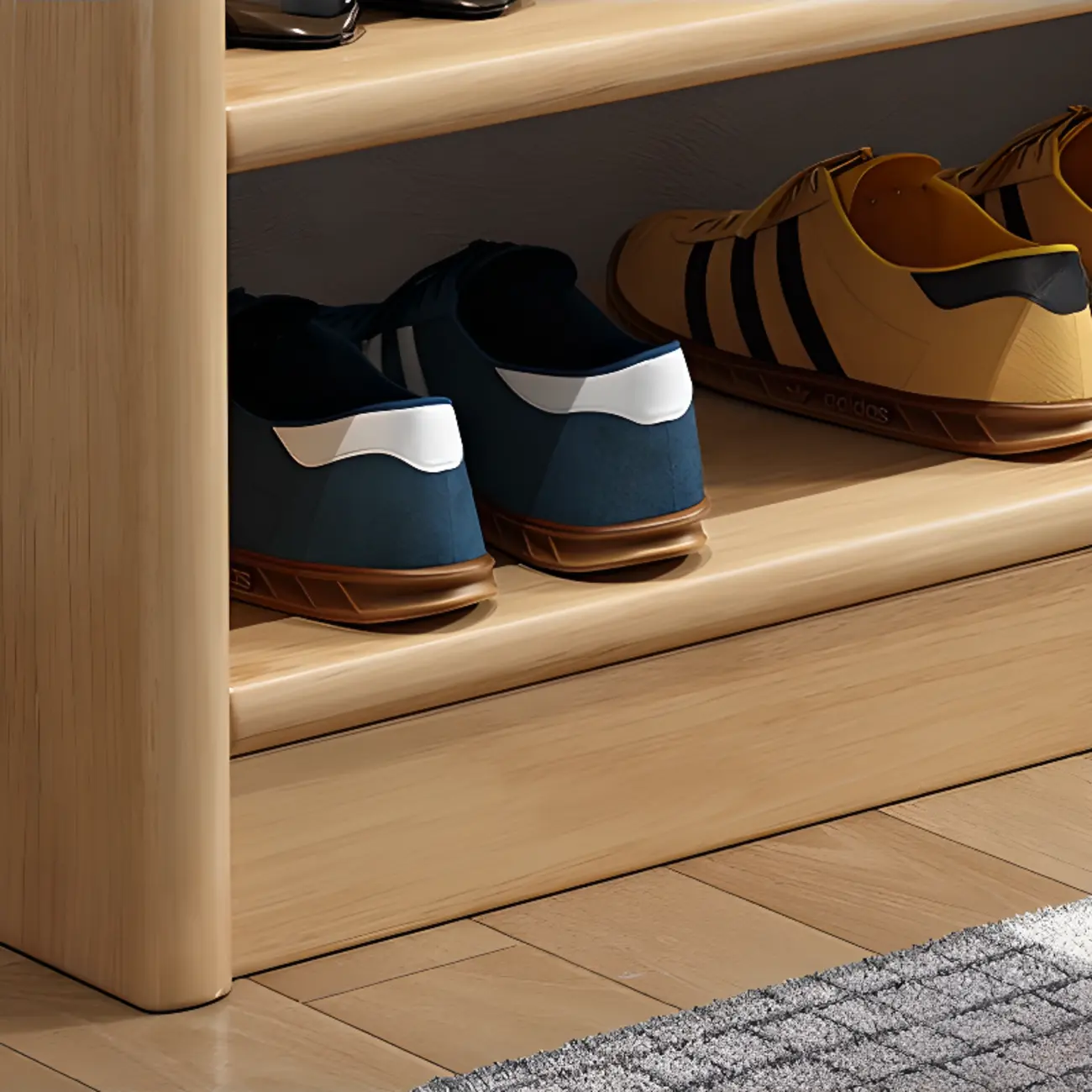 Scandinavian 2-Tier Upholstered Wood Shoe Rack Bench Image - 8 | homeyfad