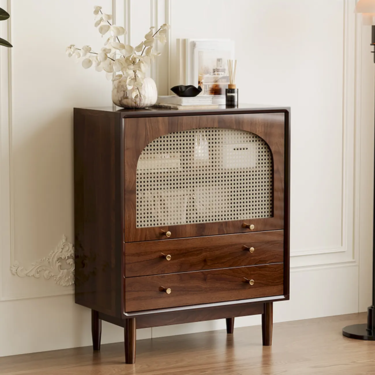 Vintage Brown Wood Rattan Storage Cabinet for Living Room Image - 1 | homeyfad