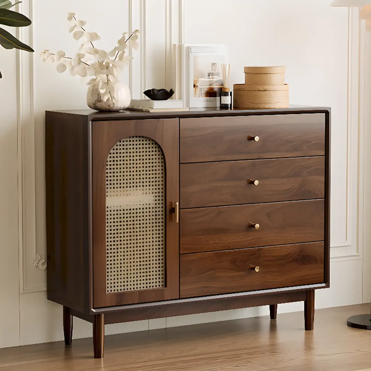 Vintage Brown Wood Rattan Storage Cabinet for Living Room Image - 2