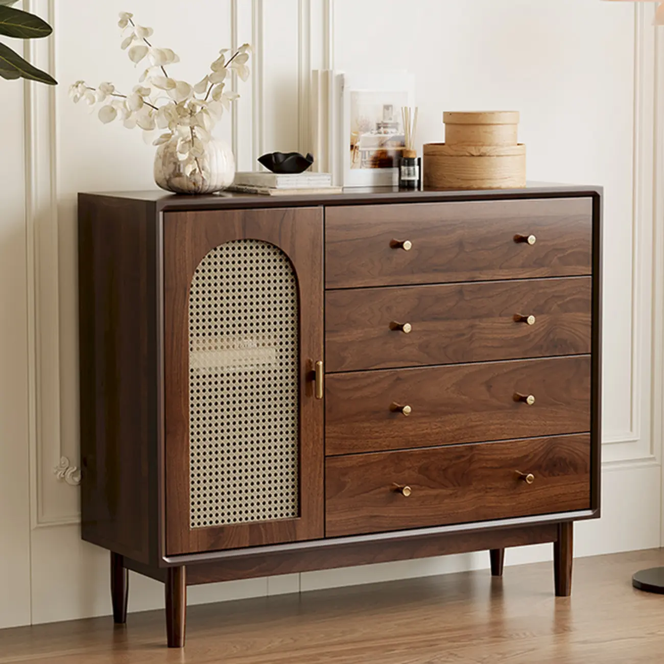 Vintage Brown Wood Rattan Storage Cabinet for Living Room Image - 3 | homeyfad