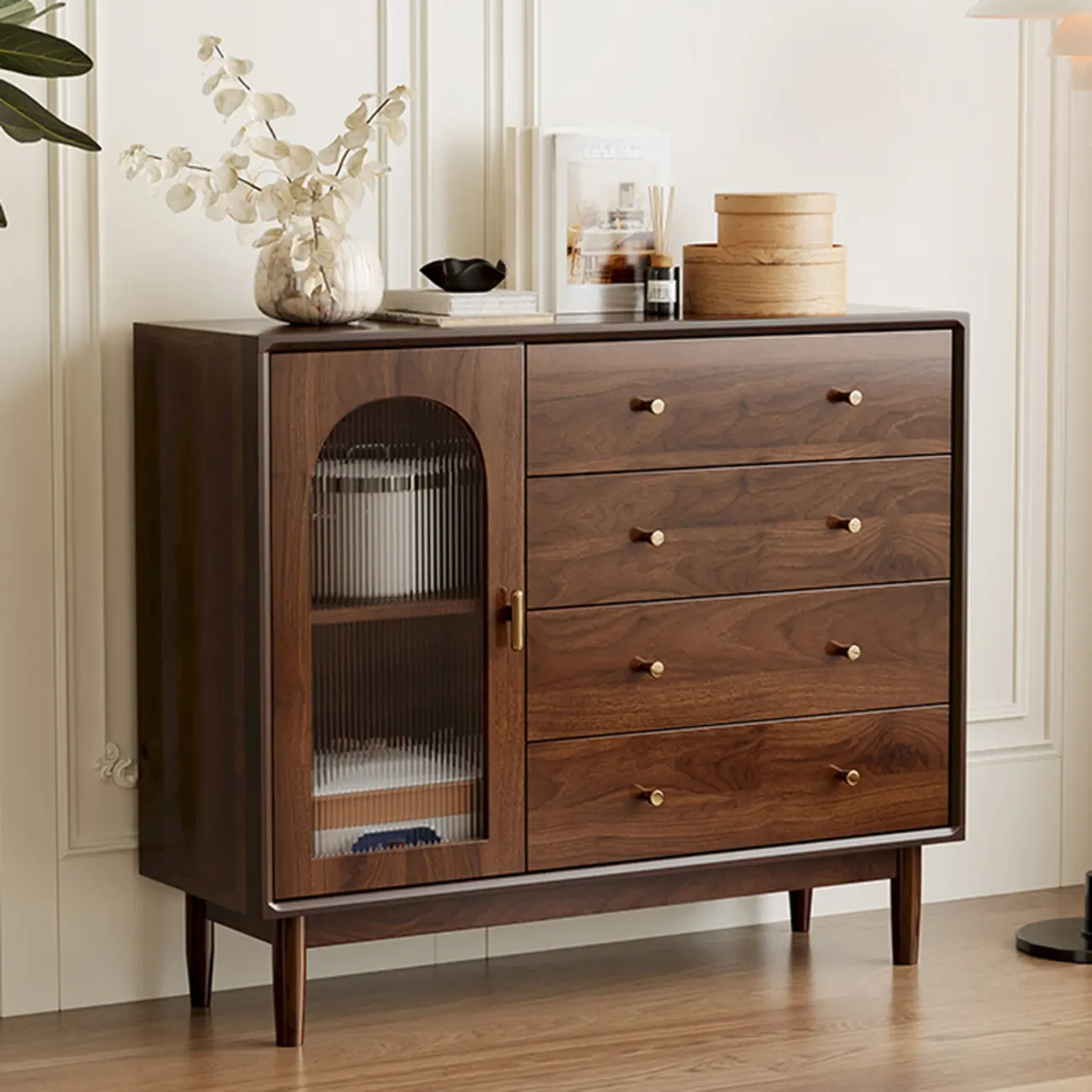 Vintage Brown Wood Rattan Storage Cabinet for Living Room Image - 5 | homeyfad