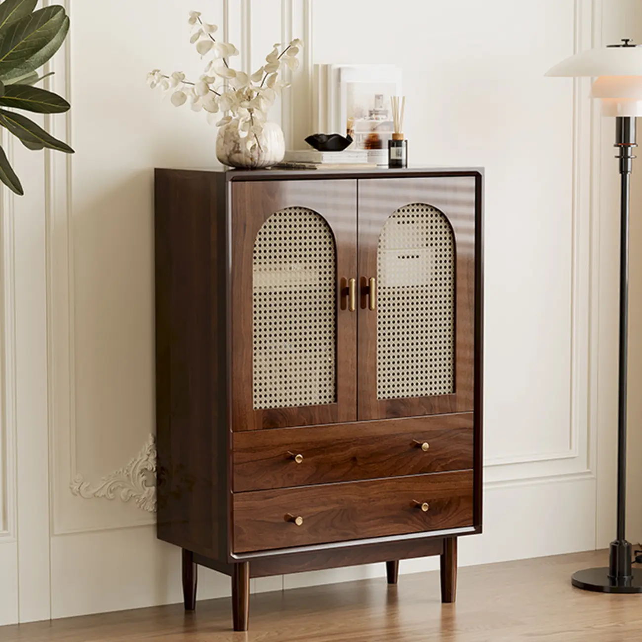 Vintage Brown Wood Rattan Storage Cabinet for Living Room Image - 6 | homeyfad