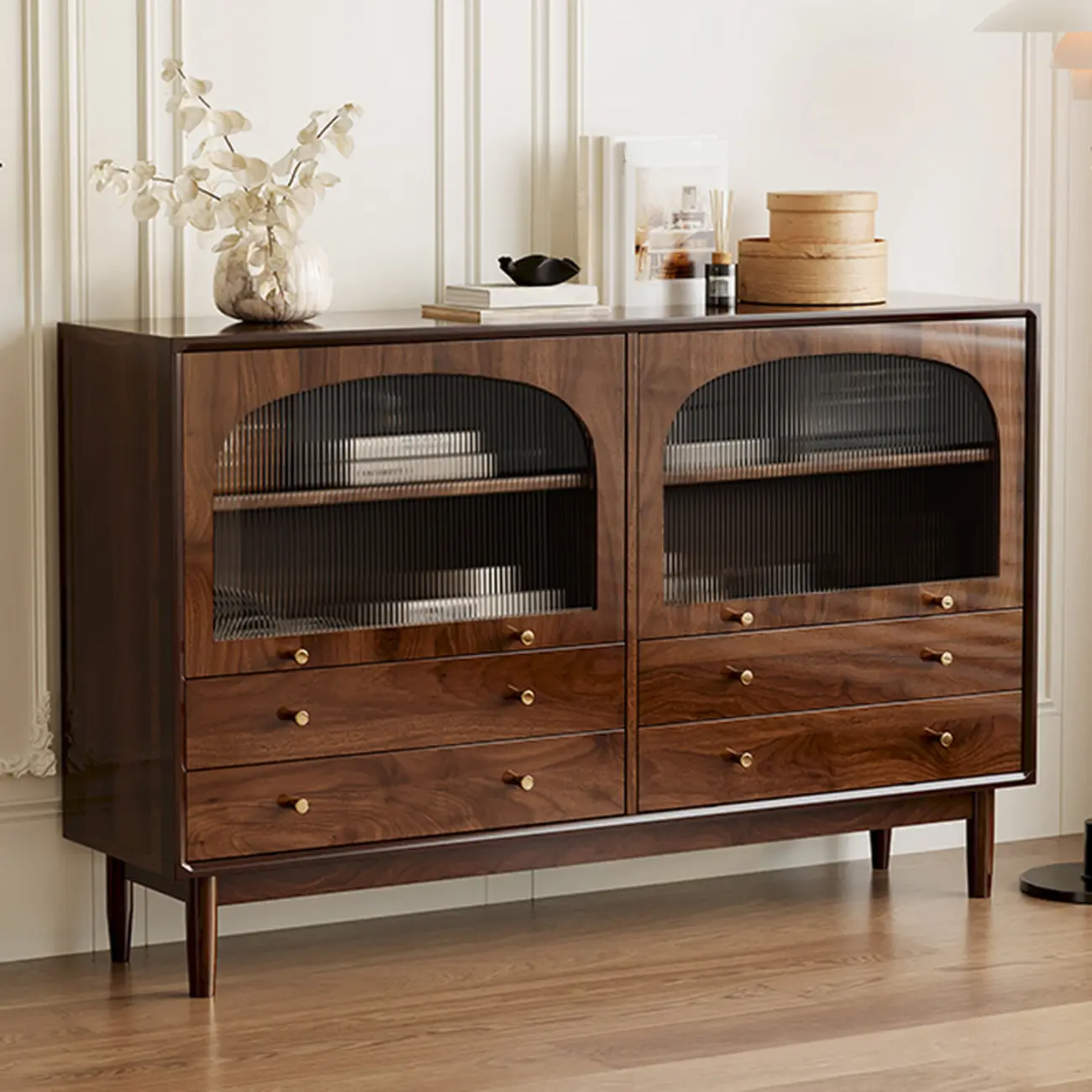 Vintage Brown Wood Rattan Storage Cabinet for Living Room Image - 7 | homeyfad