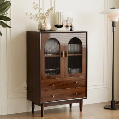 Vintage Brown Wood Rattan Storage Cabinet for Living Room Image - 8