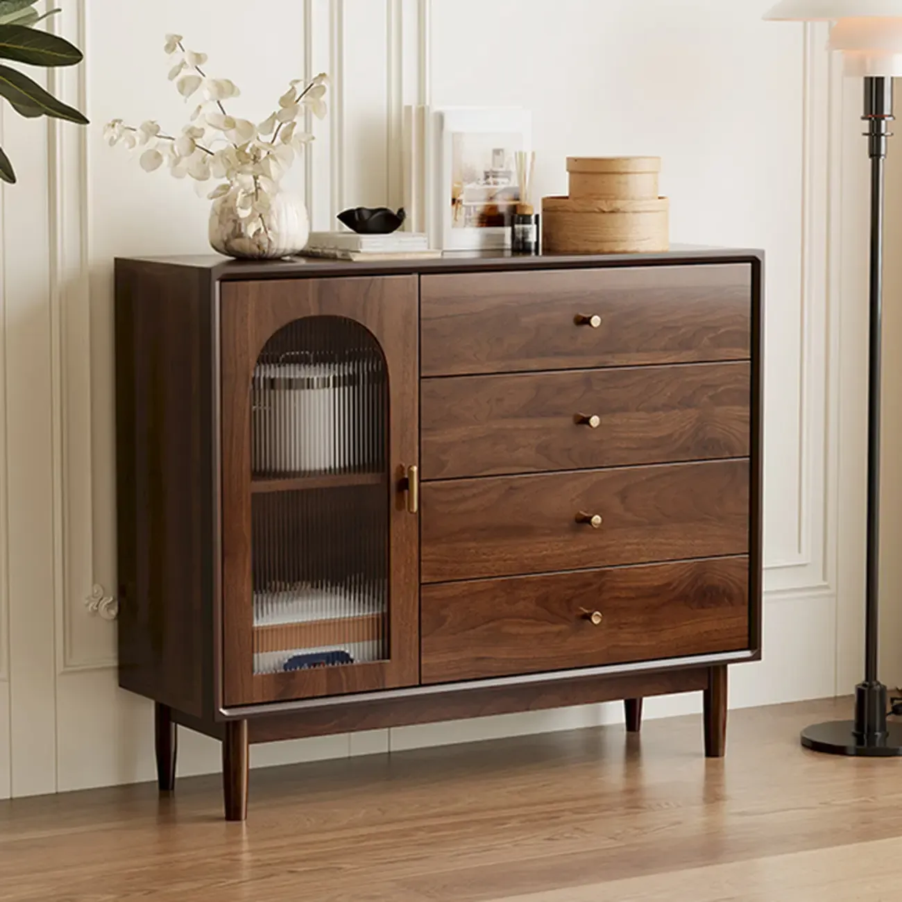 Vintage Brown Wood Rattan Storage Cabinet for Living Room Image - 9