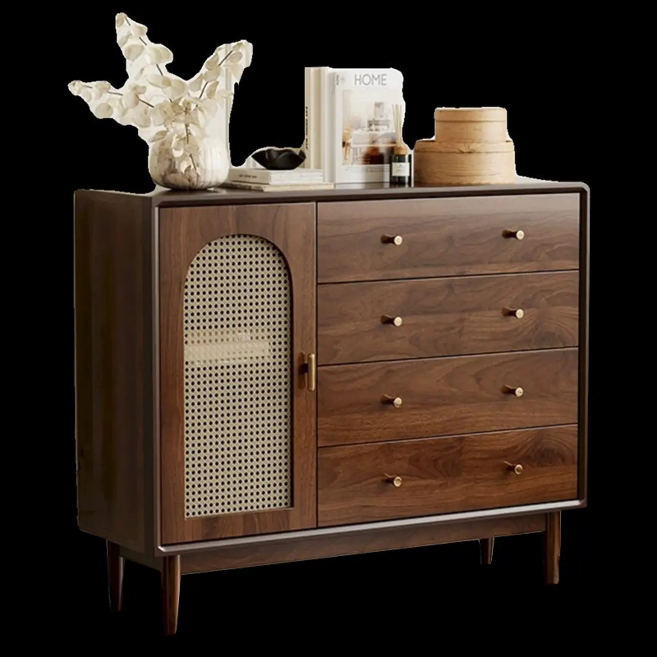 Vintage Brown Wood Rattan Storage Cabinet for Living Room Image - 10 | homeyfad