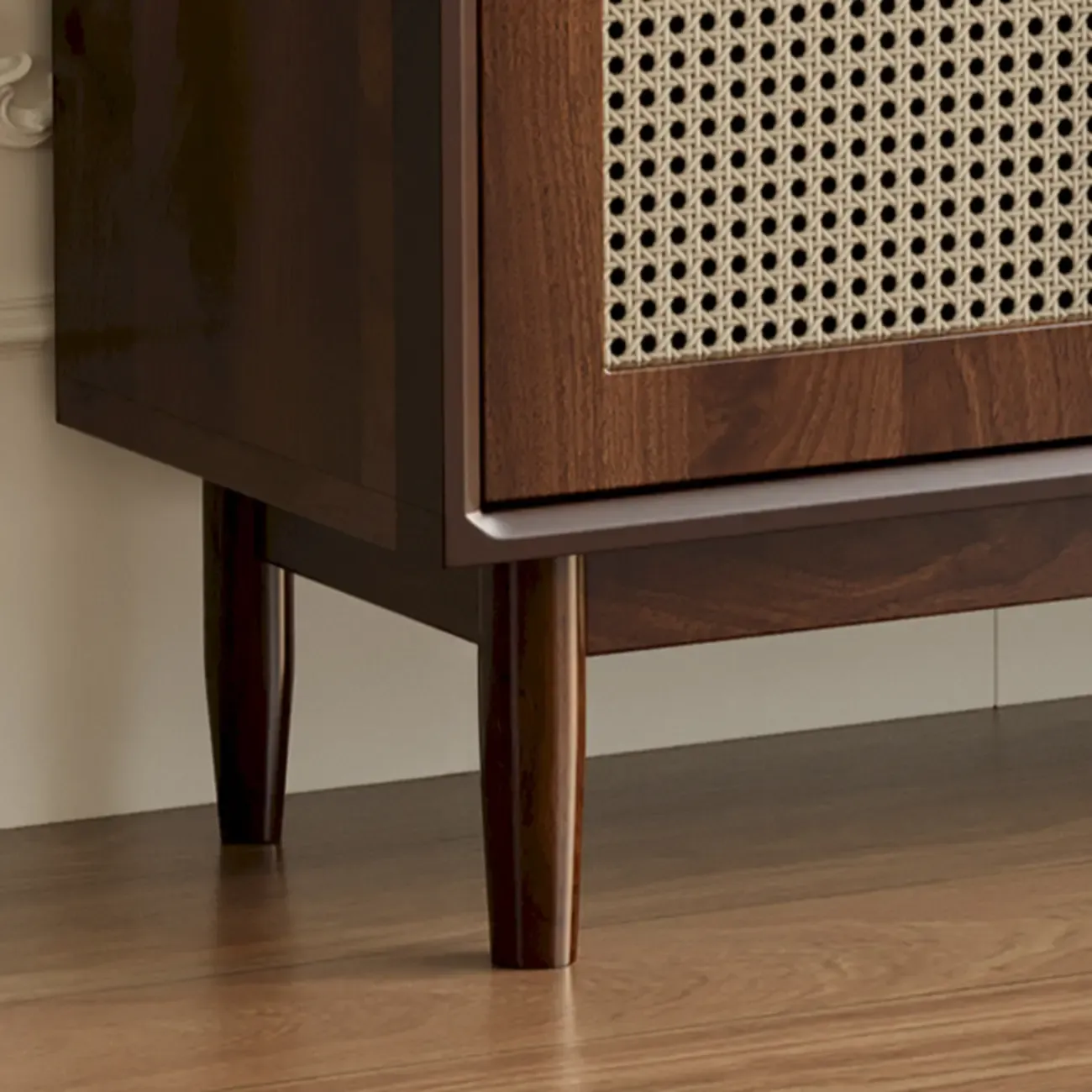 Vintage Brown Wood Rattan Storage Cabinet for Living Room Image - 13