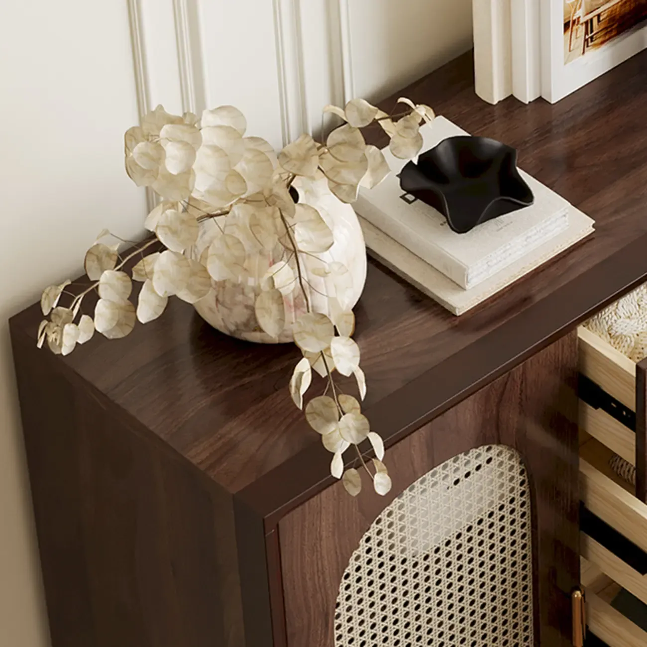 Vintage Brown Wood Rattan Storage Cabinet for Living Room Image - 14