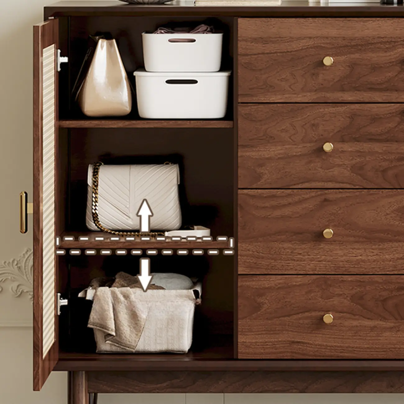 Vintage Brown Wood Rattan Storage Cabinet for Living Room Image - 15 | homeyfad