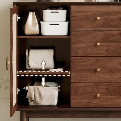 Vintage Brown Wood Rattan Storage Cabinet for Living Room Image - 15