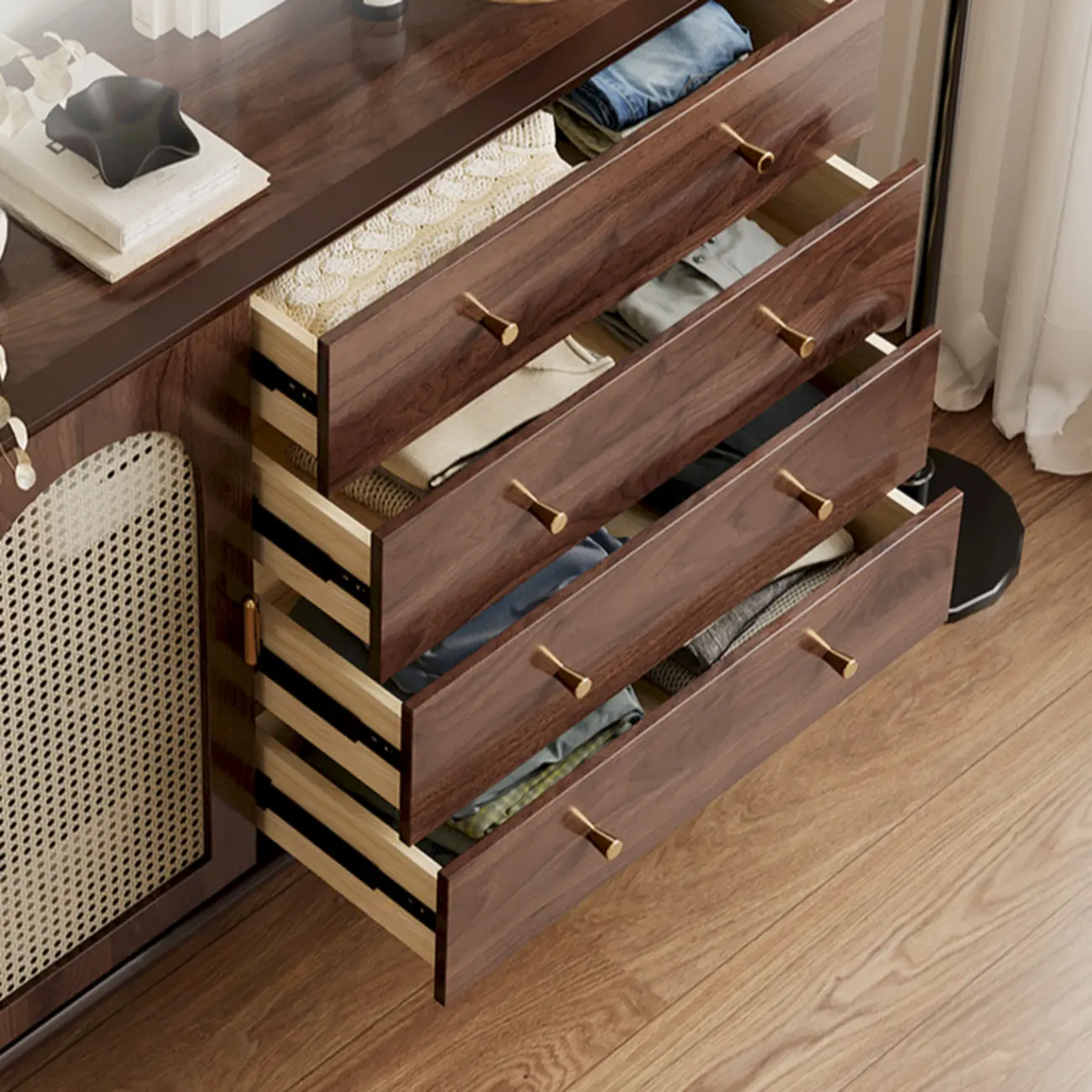 Vintage Brown Wood Rattan Storage Cabinet for Living Room Image - 16 | homeyfad