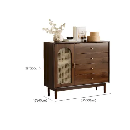 Vintage Brown Wood Rattan Storage Cabinet for Living Room Image - 19