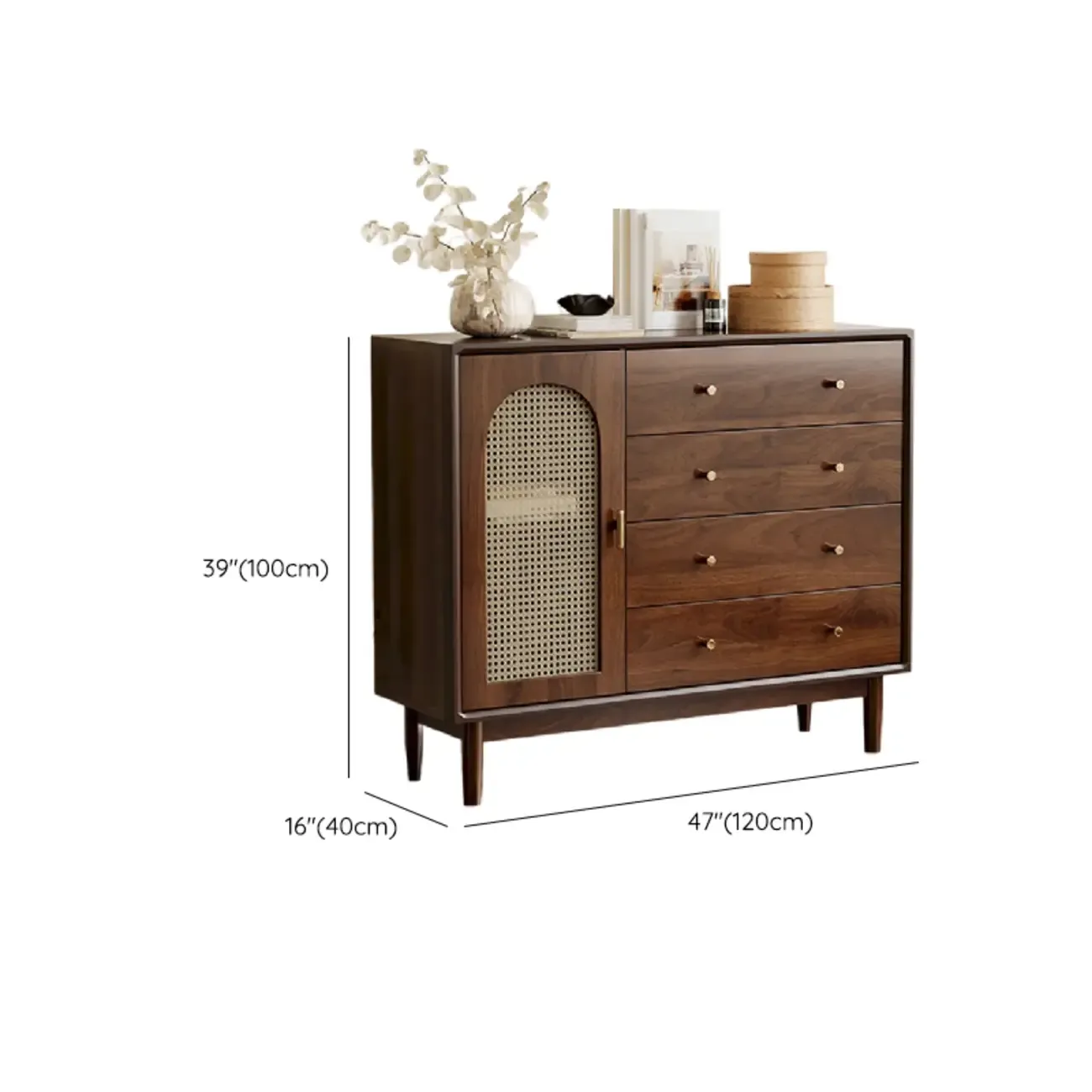 Vintage Brown Wood Rattan Storage Cabinet for Living Room Image - 21