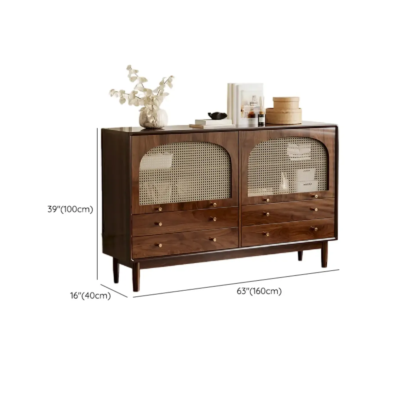 Vintage Brown Wood Rattan Storage Cabinet for Living Room Image - 25