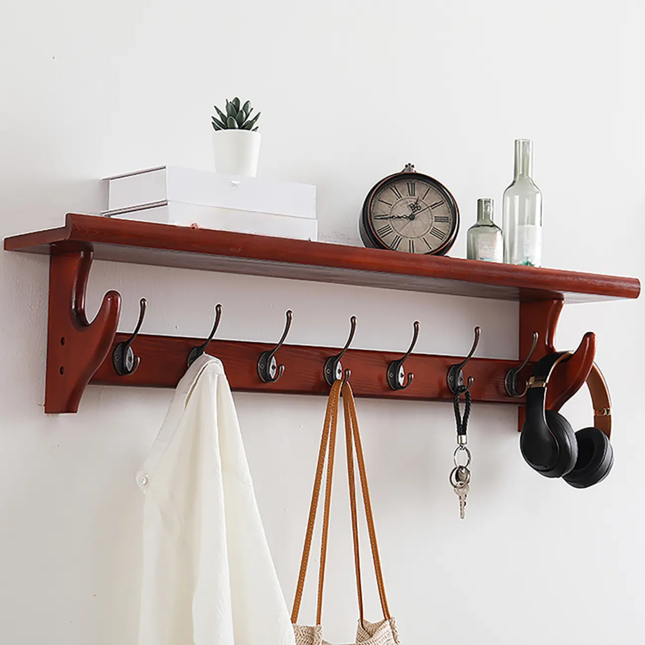 Entryway 6 Hooks Sepia Wood Wall-Mounted Coat Rack Image - 2 | homeyfad