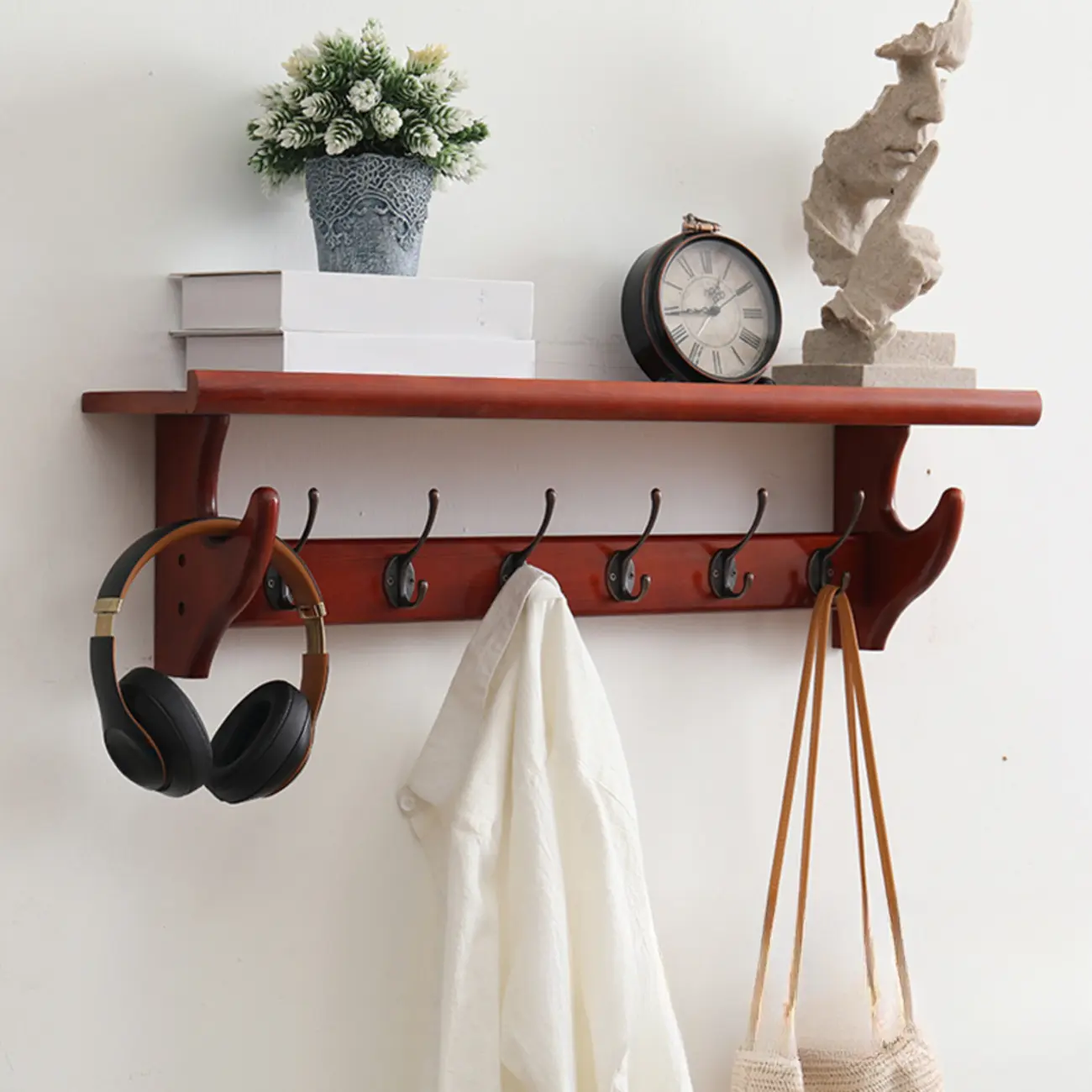 Entryway 6 Hooks Sepia Wood Wall-Mounted Coat Rack Image - 1 | homeyfad