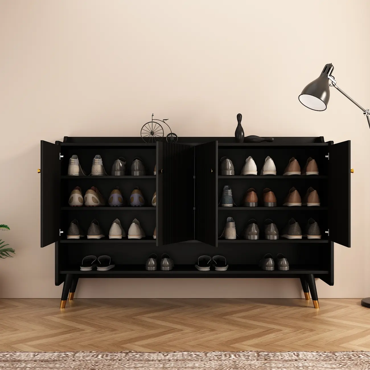 Entryway Black Wooden Shoe Cabinet with Doors Image - 3 | homeyfad