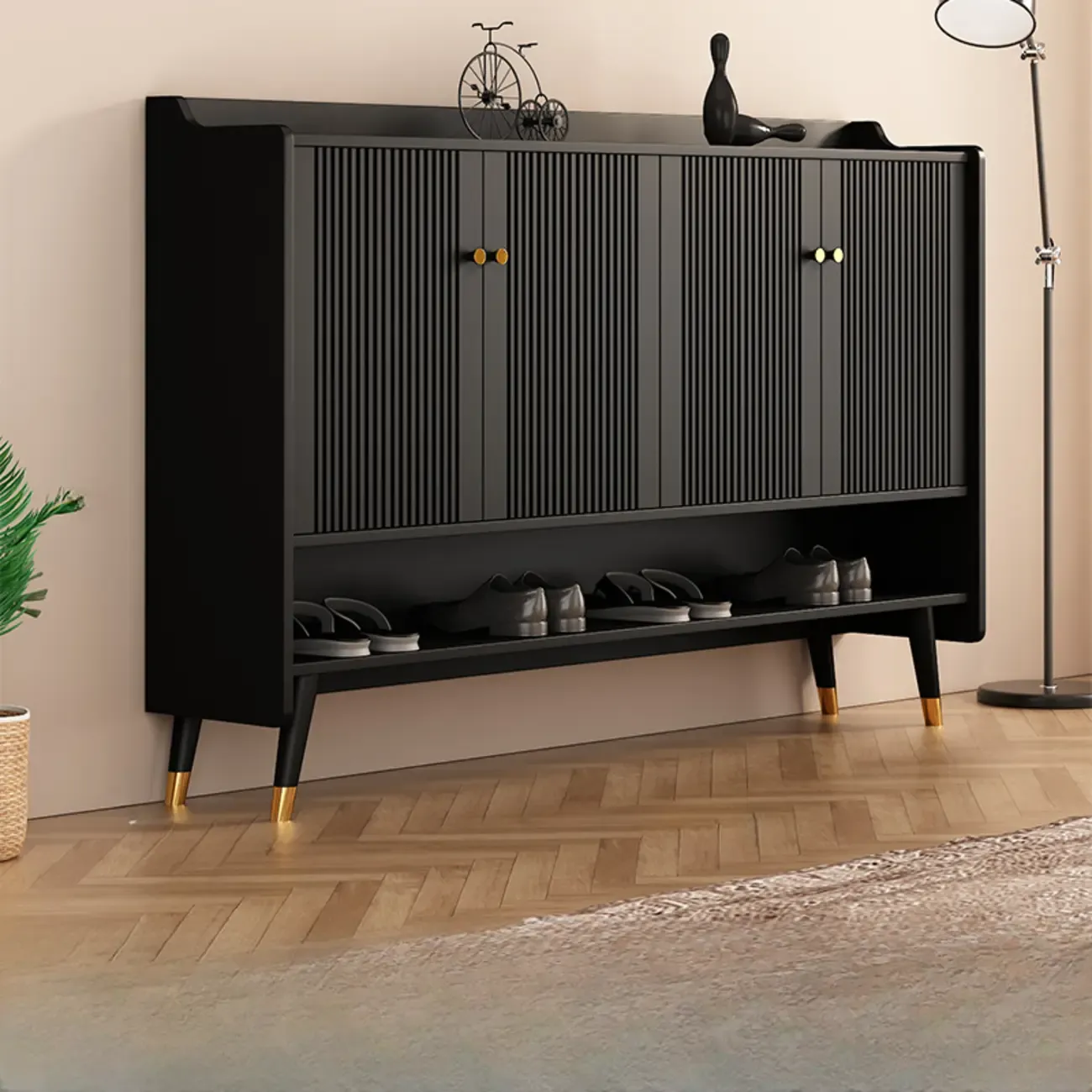 Entryway Black Wooden Shoe Cabinet with Doors Image - 1