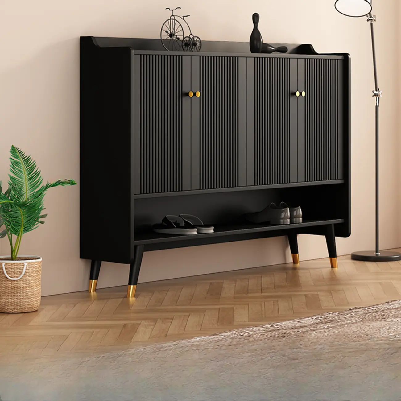 Entryway Black Wooden Shoe Cabinet with Doors Image - 8 | homeyfad