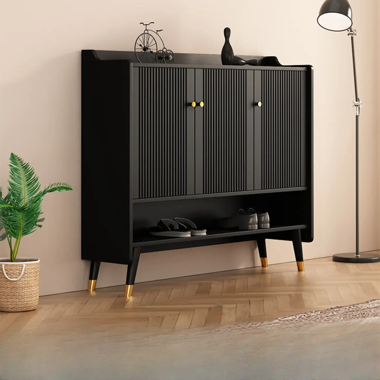 Entryway Black Wooden Shoe Cabinet with Doors Image - 4