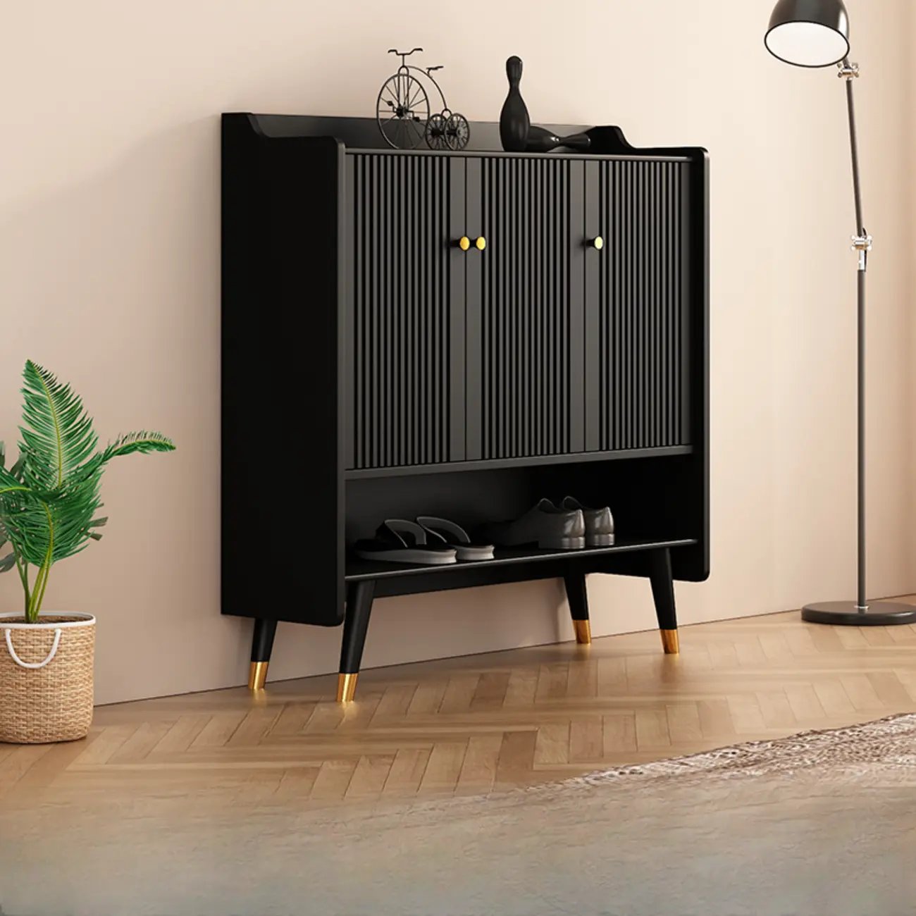 Entryway Black Wooden Shoe Cabinet with Doors Image - 2 | homeyfad