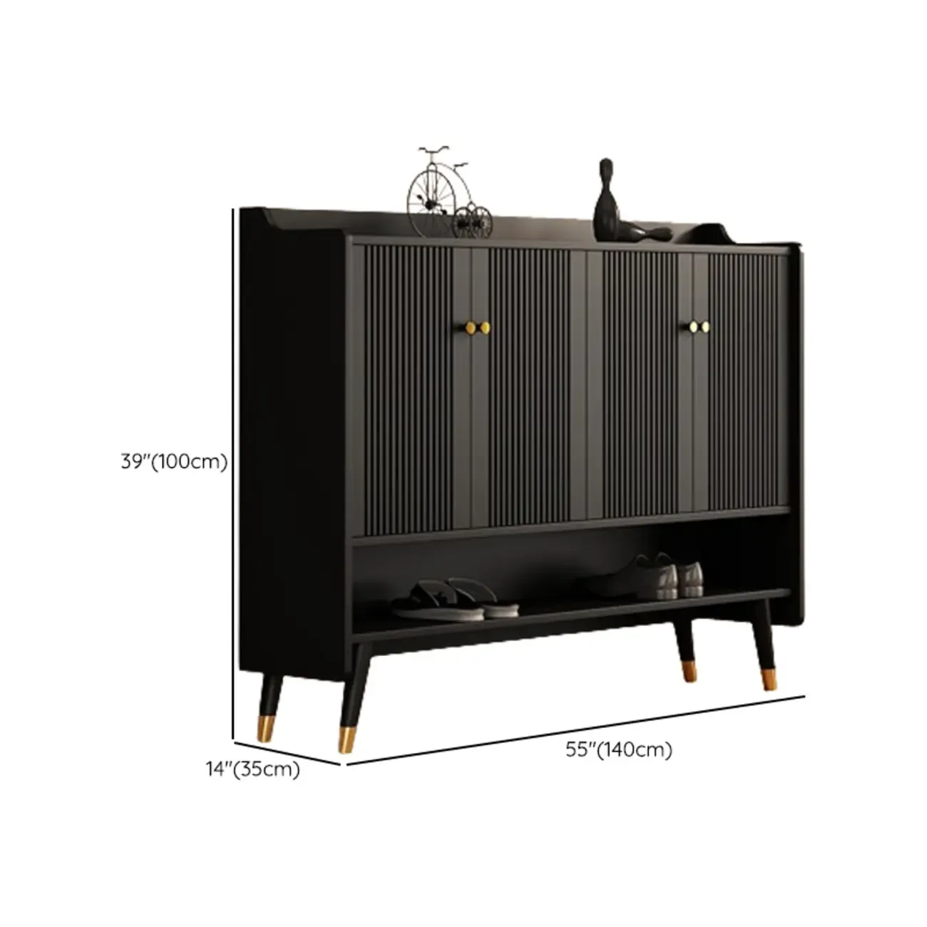 Entryway Black Wooden Shoe Cabinet with Doors Image - 16