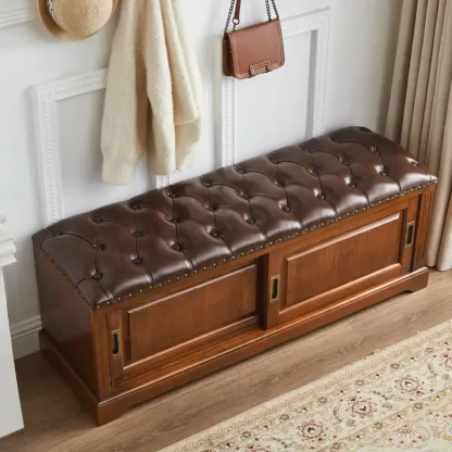 Retro Wood Upholstered Shoe Storage Bench with Sliding Doors Image - 1