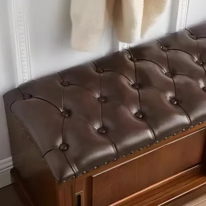 Retro Wood Upholstered Shoe Storage Bench with Sliding Doors Image - 4