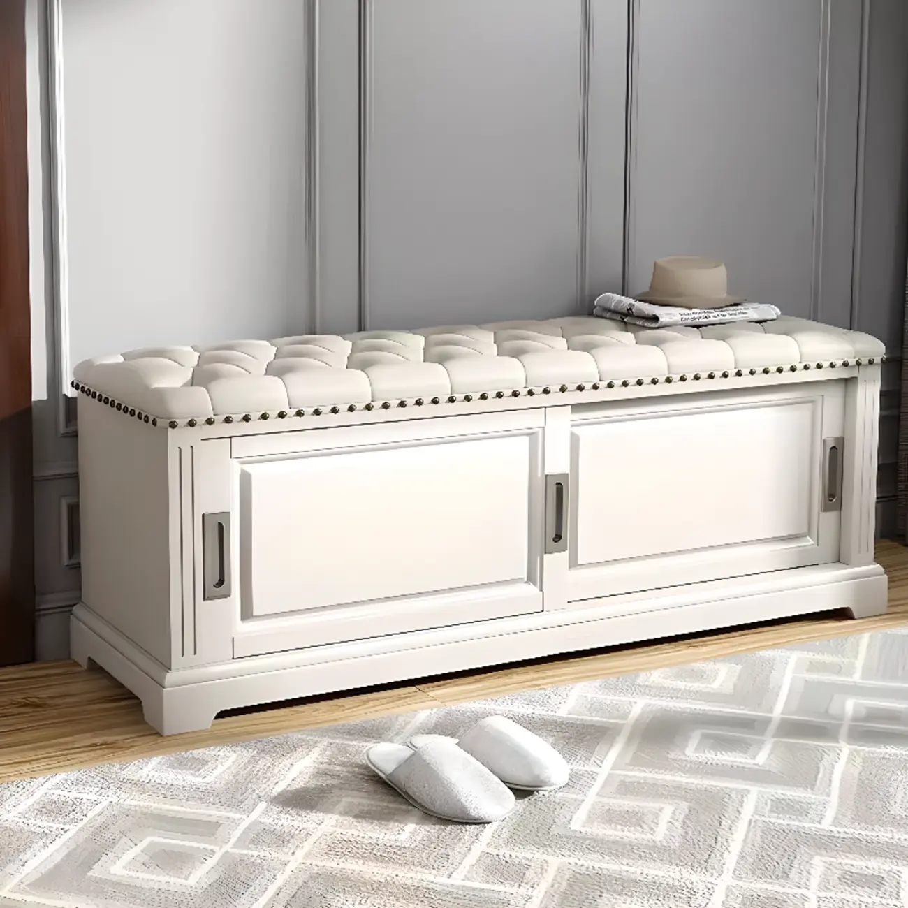 Retro Wood Upholstered Shoe Storage Bench with Sliding Doors Image - 5 | homeyfad