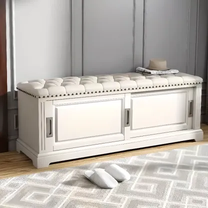 Retro Wood Upholstered Shoe Storage Bench with Sliding Doors Image - 5