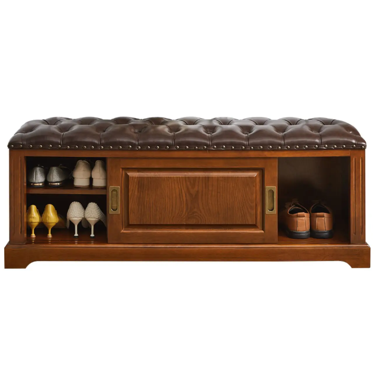 Retro Wood Upholstered Shoe Storage Bench with Sliding Doors Image - 6 | homeyfad