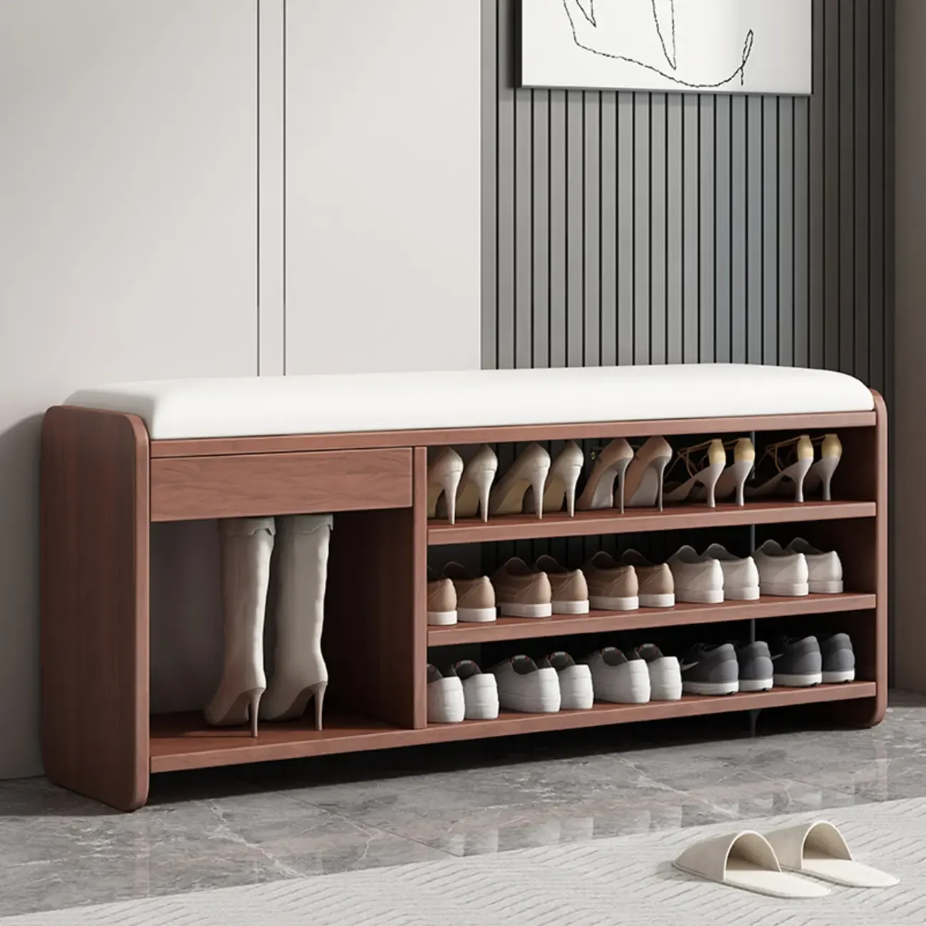 7 Pair Wooden Shoe Storage Bench With Drawer Image - 4