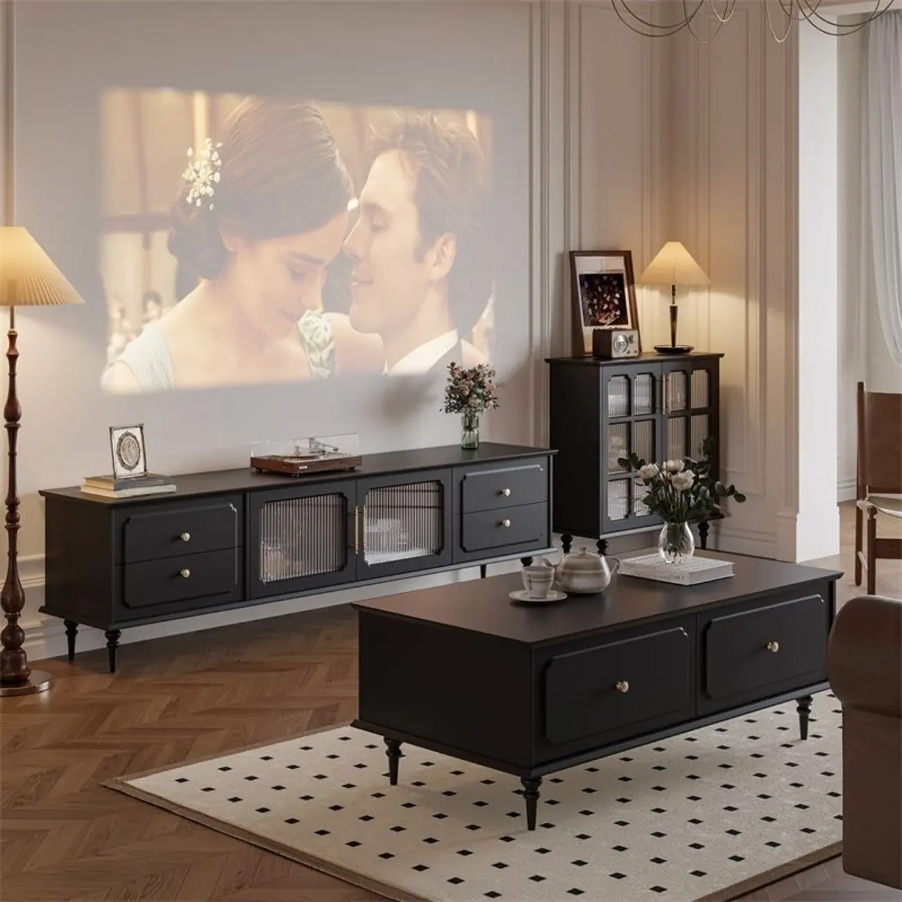 Wooden French Country TV Stand with Black Finish | homeyfad