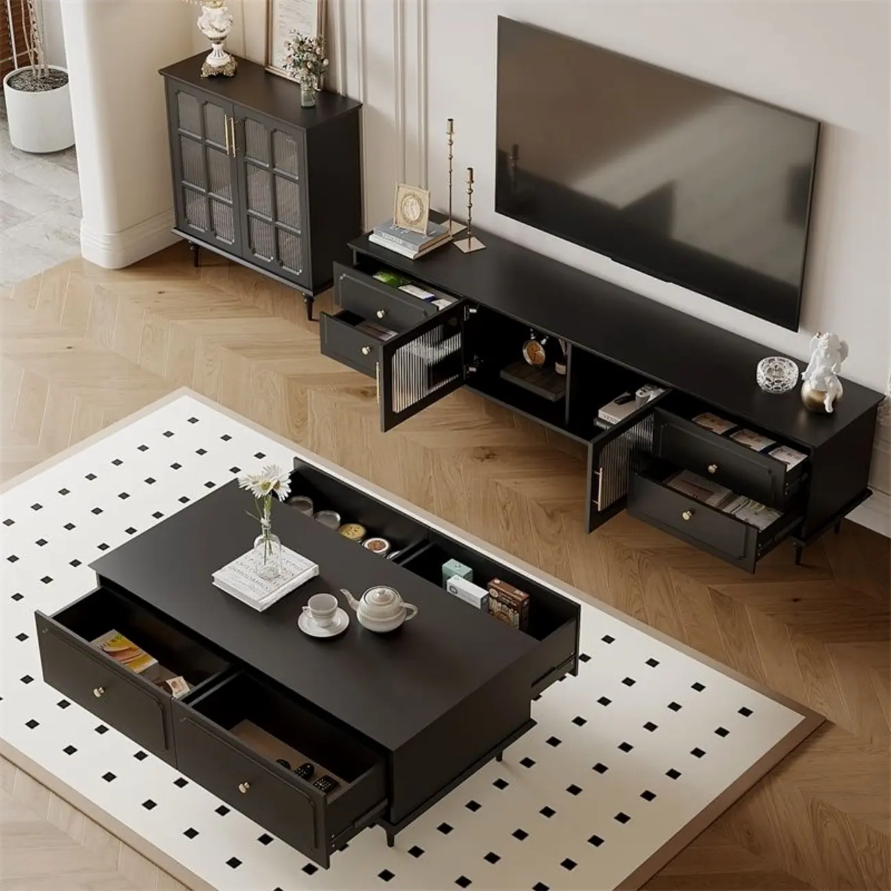 Wooden French Country TV Stand with Black Finish | homeyfad