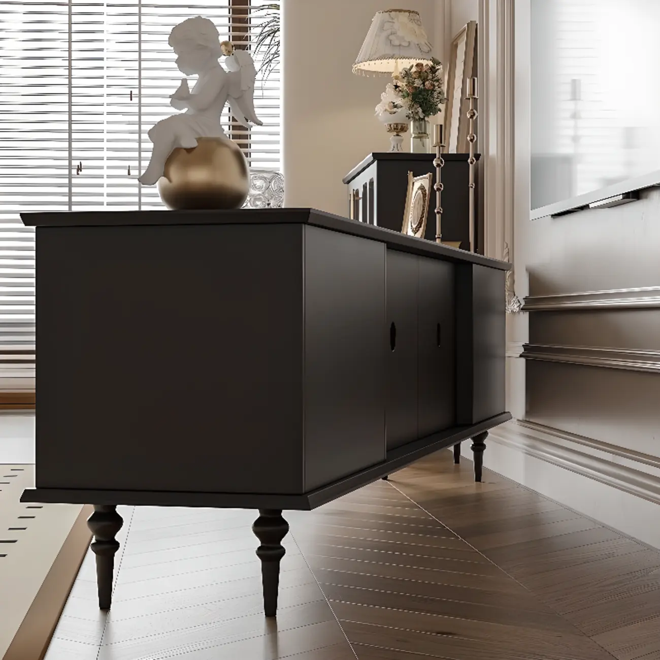 Wooden French Country TV Stand with Black Finish | homeyfad