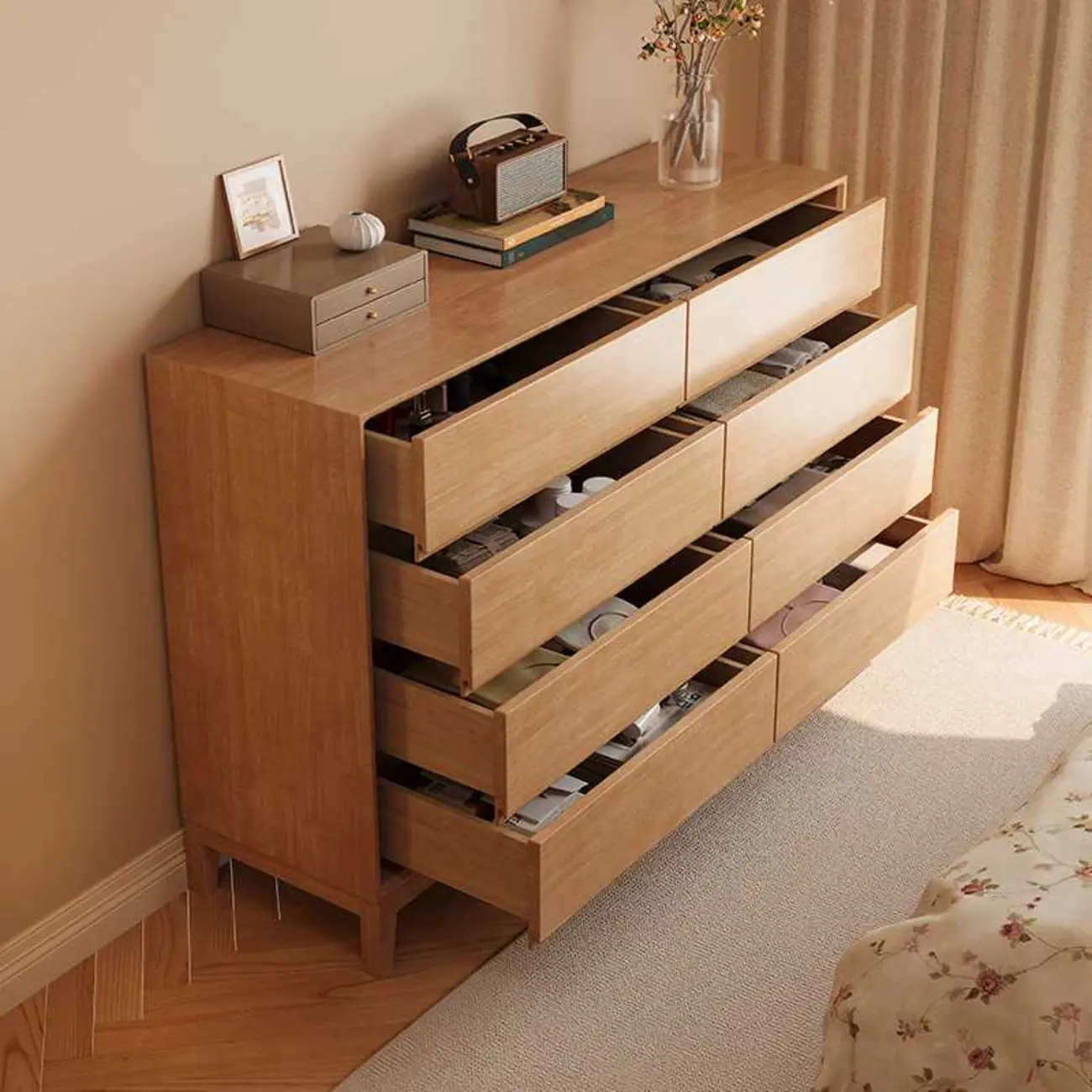 Simplistic Natural Wood 4-Tier Living Room Storage Chests Image - 5 | homeyfad