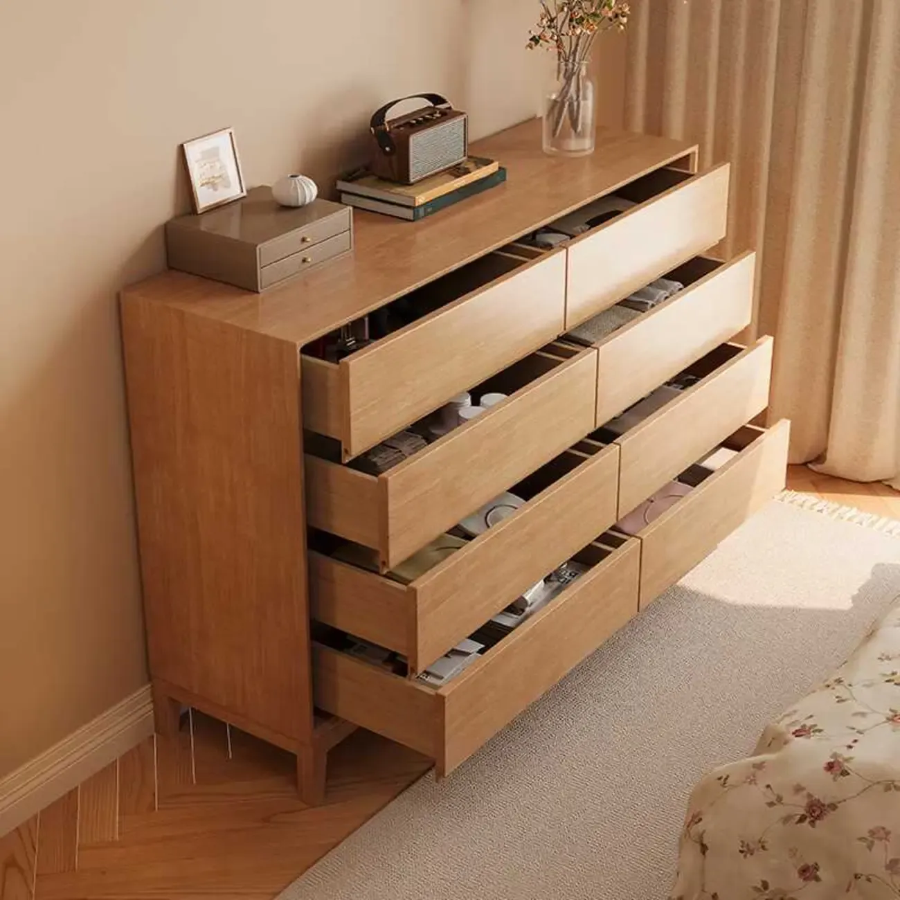 Simplistic Natural Wood 4-Tier Living Room Storage Chests Image - 5