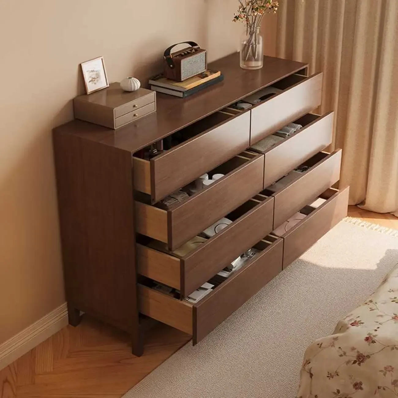 Simplistic Natural Wood 4-Tier Living Room Storage Chests Image - 8